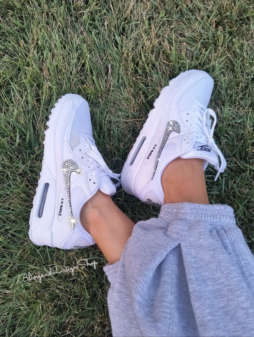 Bling Nike Women's Air Max 90 White Sneakers Custom with Crystals Swoosh